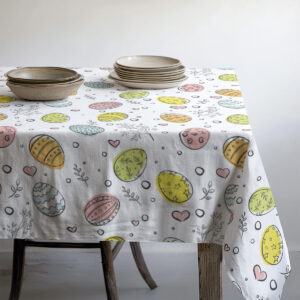 Obrus wielkanocny na wymiar – biały, lekki wzór pisanek (zbliżenie)