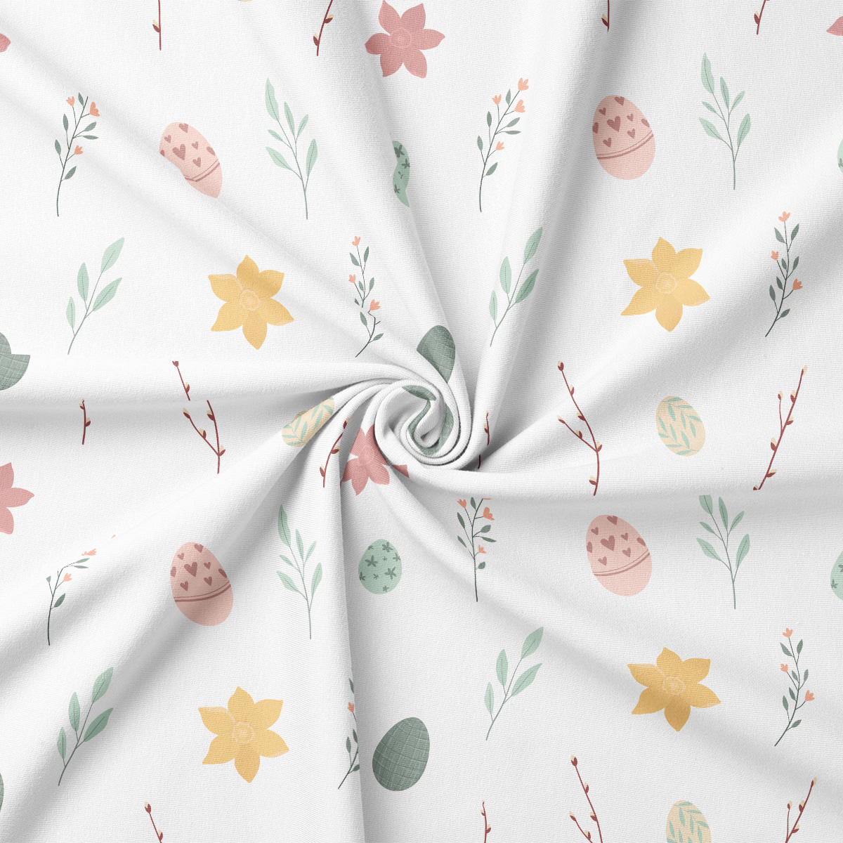 biały obrus wielkanocny z delikatnym wzorem pisanek