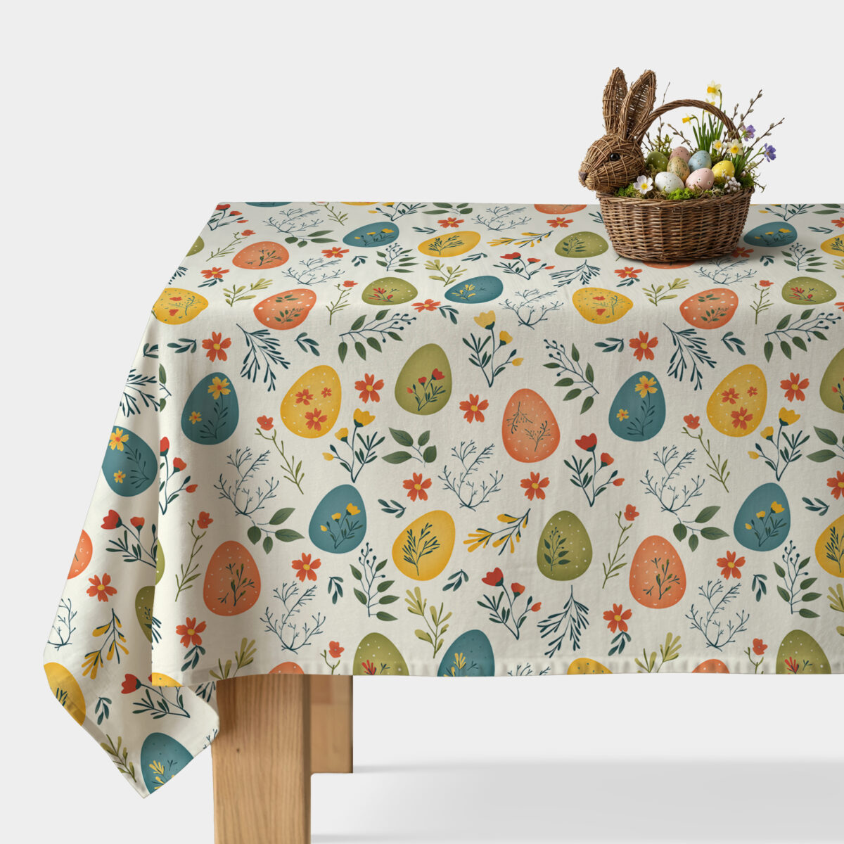 Obrus wielkanocny na wymiar – biały w pisanki i kwiaty – aranżacja stołu