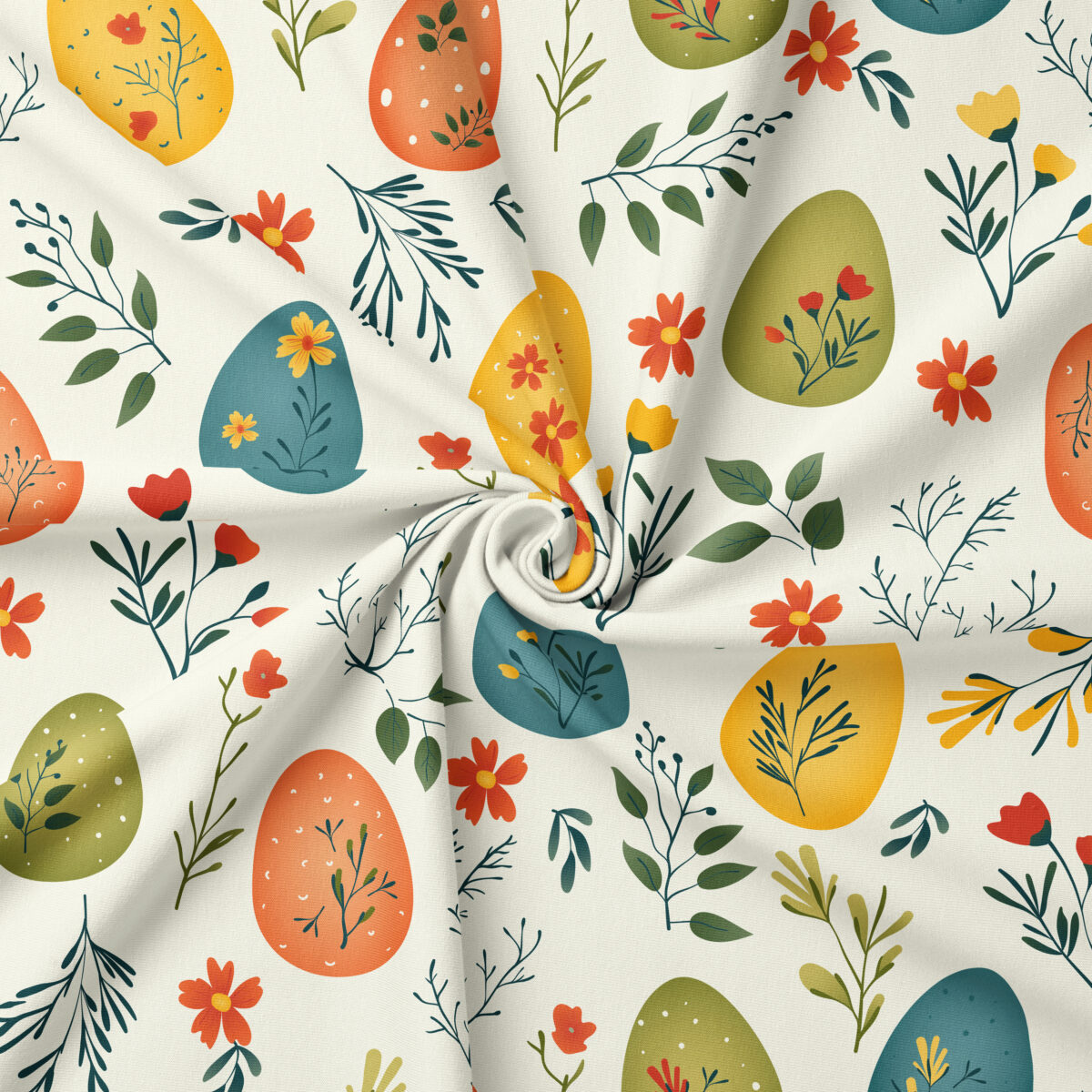 Tkanina obrusowa – wzór wielkanocny z pisankami i kwiatami – zbliżenie