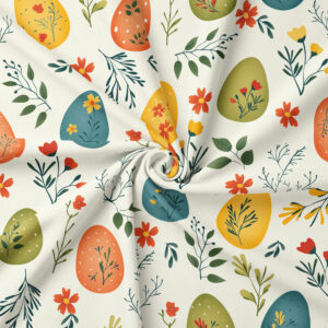 Tkanina obrusowa – wzór wielkanocny z pisankami i kwiatami – zbliżenie