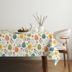 Wielkanocny obrus na stół – kolorowe pisanki i roślinny motyw