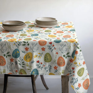 Obrus wiosenny na wymiar – pisanki, kwiaty i gałązki – dekoracja stołu