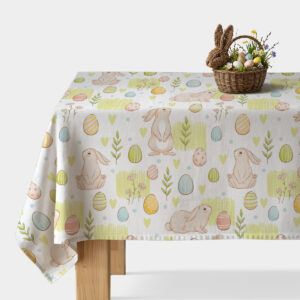 Obrus wielkanocny na wymiar z króliczkami i pisankami na białym tle