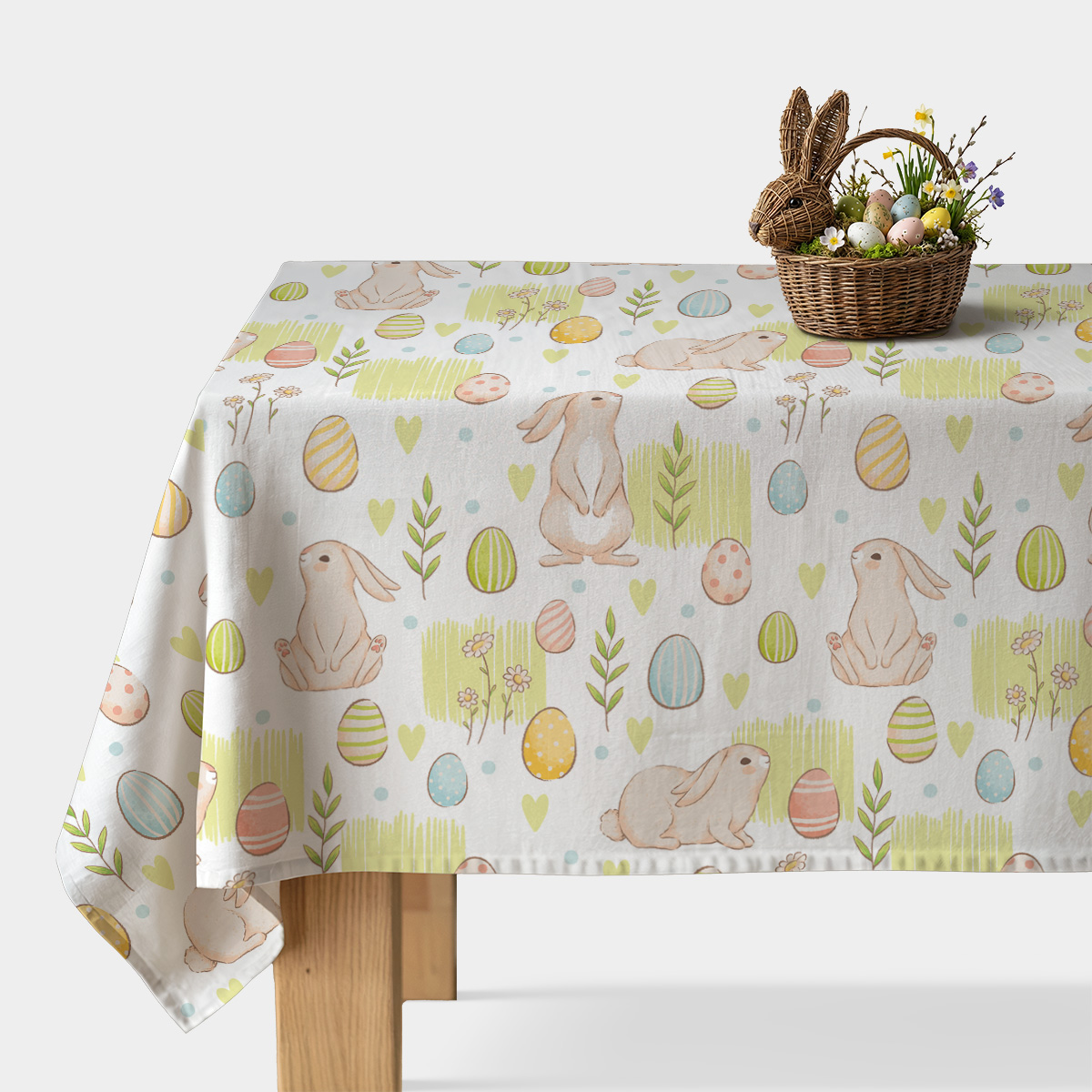 Obrus wielkanocny na wymiar z króliczkami i pisankami na białym tle