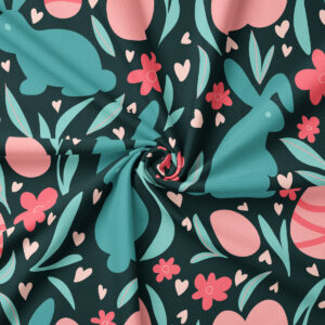 Wzór tkaniny - obrus wielkanocny na wymiar zielony z zajączkami, jajkami i kwiatami (zbliżenie)