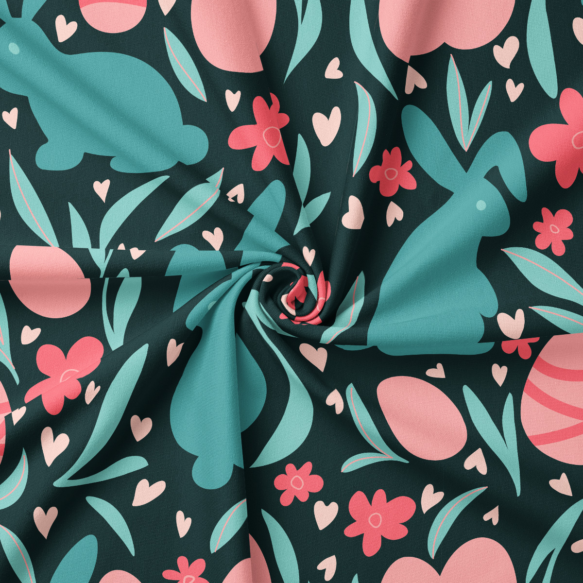 Wzór tkaniny - obrus wielkanocny na wymiar zielony z zajączkami, jajkami i kwiatami (zbliżenie)