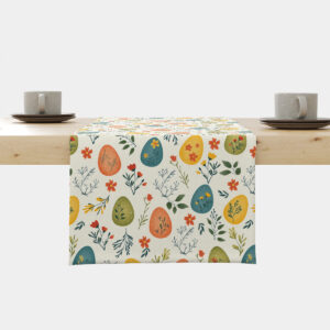 Bieżnik rozłożony na stole z motywem kolorowych pisanek i drobnych kwiatów, ujęcie główne