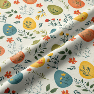 Zbliżenie na fakturę tkaniny i detal wzoru z pastelowymi pisankami i gałązkami