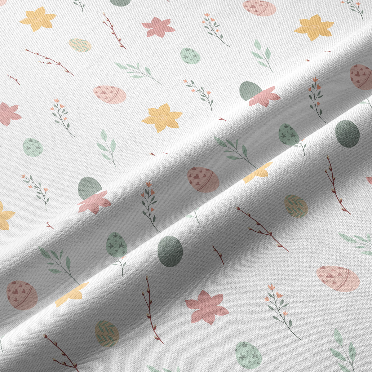 Zbliżenie na wzór bieżnika: pastelowe pisanki, małe kwiatki i gałązki oraz widoczna delikatna faktura tkaniny