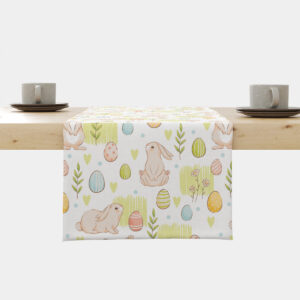 Bieżnik na stole z pastelowym wzorem króliczków i pisanek, ujęcie główne