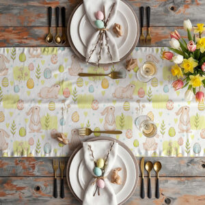 Aranżacja stołu z bieżnikiem, talerzami, sztućcami i wiosennymi dekoracjami