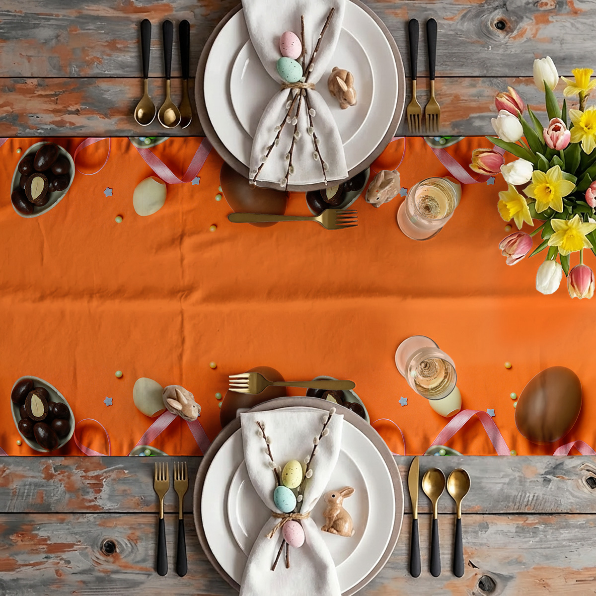 aranżacja stołu z bieżnikiem: talerze, sztućce i bukiet wiosennych kwiatów na pomarańczowym tle