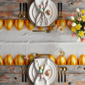 Aranżacja stołu z zastawą i bieżnikiem ozdobionym rzędem złotych pisanek