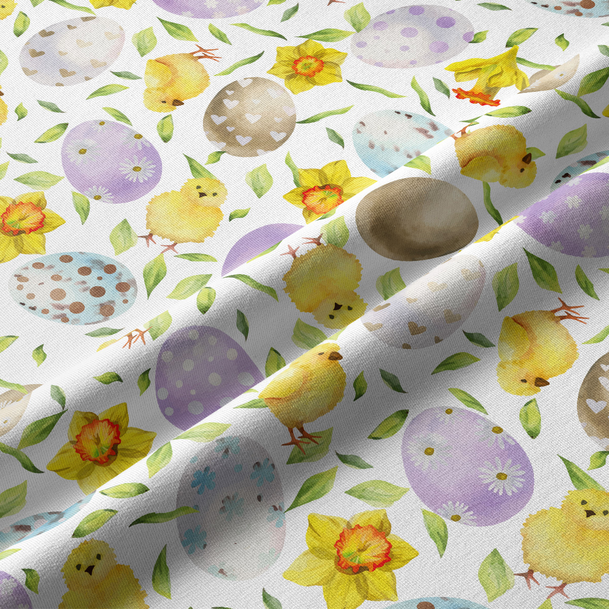 Zbliżenie na wzór bieżnika z akwarelowymi detalami pisanek, puchatych kurczaczków i liści