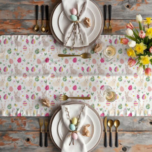 Aranżacja stołu z bieżnikiem, talerzami, sztućcami i wiosennymi dekoracjami widziana z góry