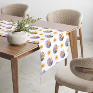 Widok bieżnika rozciągniętego w nowoczesnej jadalni z wazonem i pastelowymi akcentami