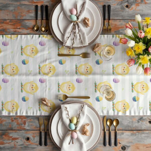Aranżacja stołu z bieżnikiem, talerzami, sztućcami i wiosennymi dekoracjami