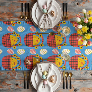 Widok bieżnika rozłożonego na stole z nakryciami, serwetkami i wiosennymi dekoracjami