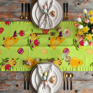 Widok z góry na zastawiony stół z bieżnikiem, serwetkami, talerzami i wiosennymi dekoracjami