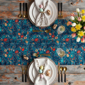 Bieżnik w aranżacji stołu z talerzami, serwetkami i wiosennymi dekoracjami, widok z góry