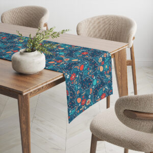 Widok bieżnika na rogu stołu na tle jasnego wnętrza pokazujący powtarzalny wzór