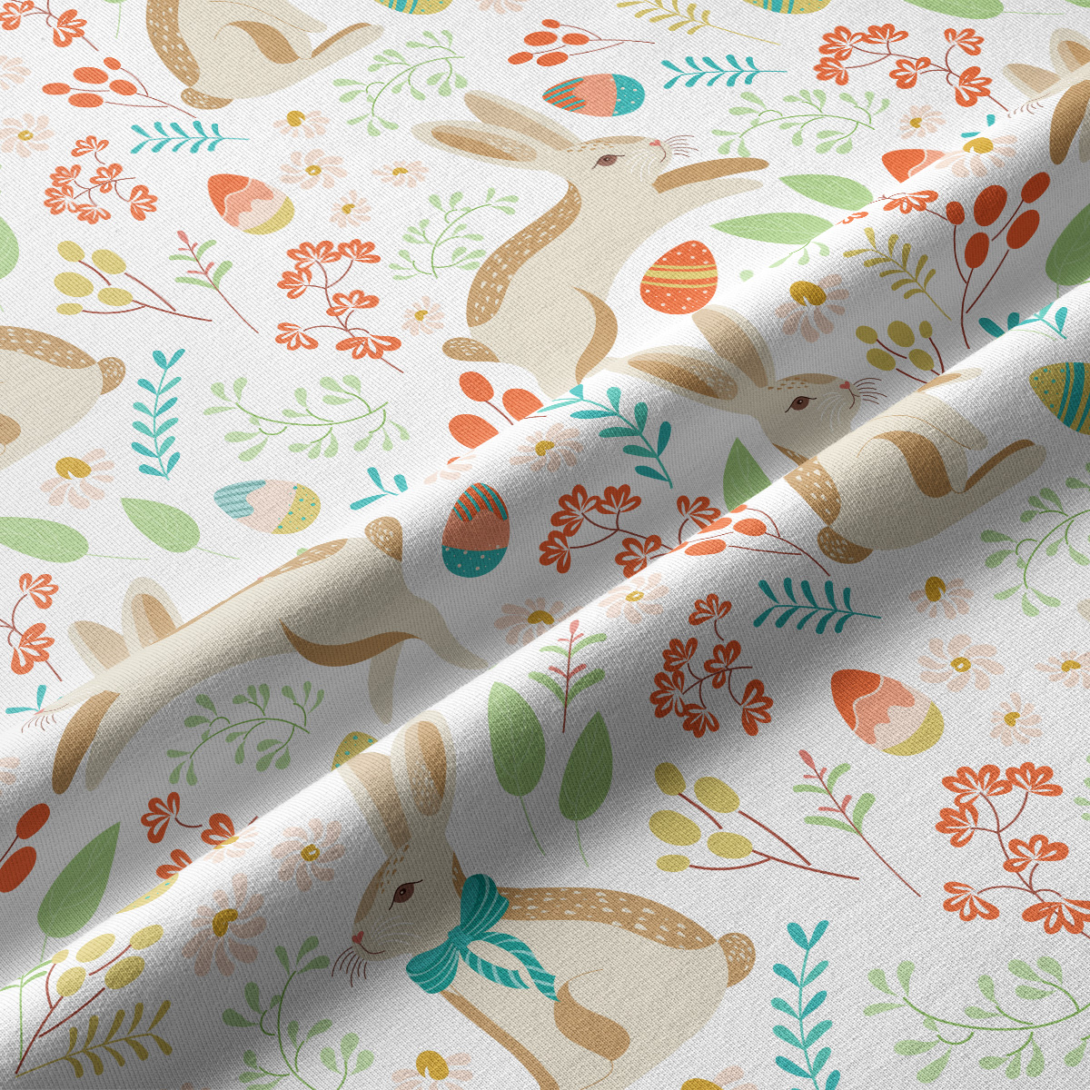 Szczegółowy zbliżenie na tkaninę bieżnika pokazujące zajączka, pisanki i delikatną fakturę materiału