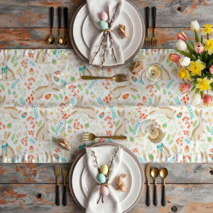 Aranżacja stołu z bieżnikiem, zastawą, kwiatami i dekoracjami wielkanocnymi