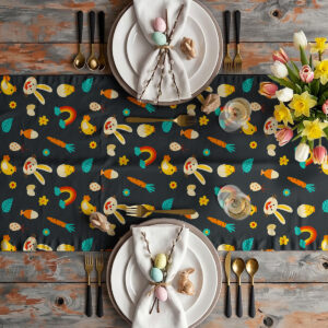 Ujęcie aranżacyjne z zastawą stołową, tulipanami i bieżnikiem ułożonym na drewnianym stole