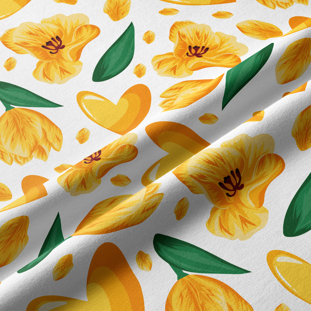 Zbliżenie na tkaninę bieżnika ukazujące detal nadruku żółtych kwiatów, liści i serc