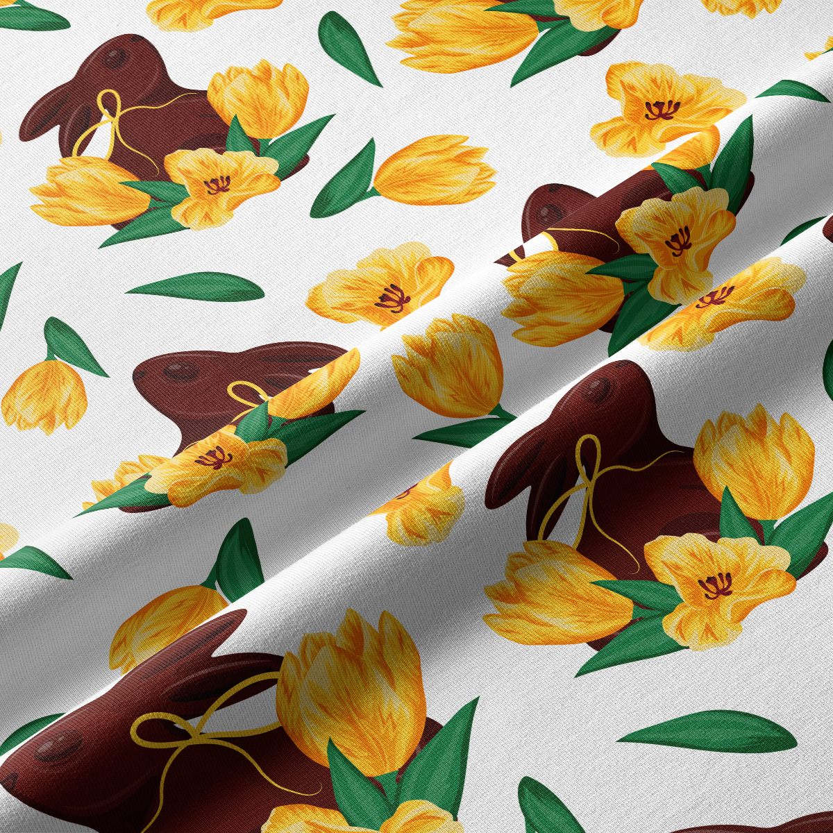 Zbliżenie na fakturę tkaniny i detale nadruku z zajączkiem i żółtymi tulipanami