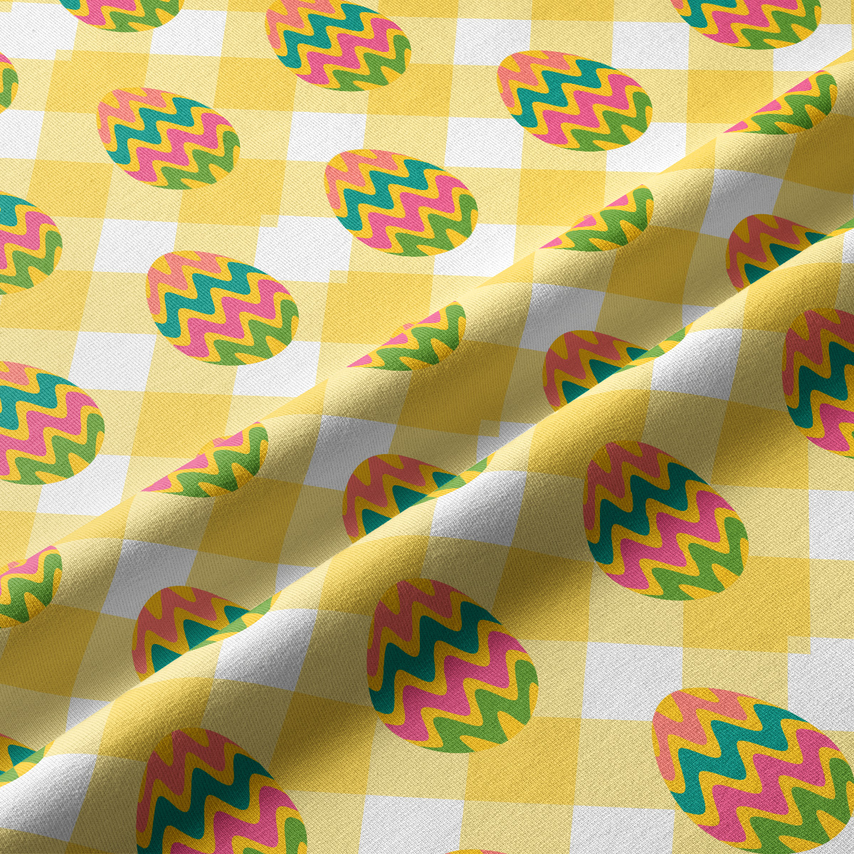 Zbliżenie na fakturę tkaniny i detale wzoru z pisankami oraz widocznymi kolorami i zygzakami