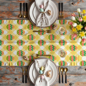 Aranżacja stołu z talerzami, sztućcami i wiosennymi dekoracjami pokazująca bieżnik w kontekście wielkanocnego nakrycia