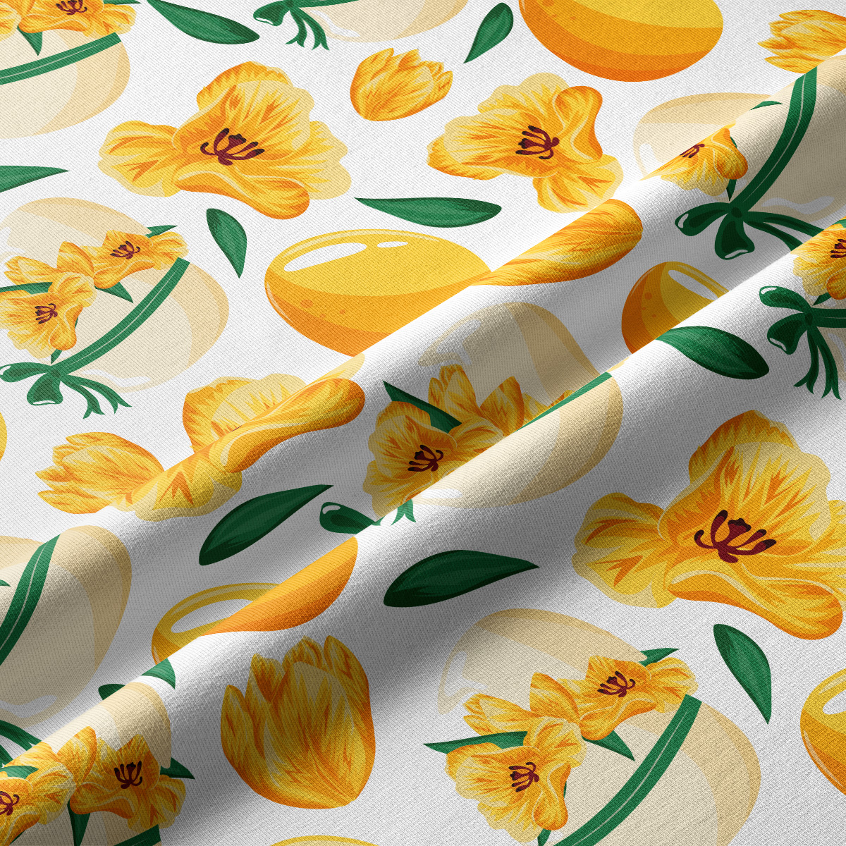 Zbliżenie na fakturę tkaniny i szczegóły nadruku z żółtymi tulipanami i pisankami