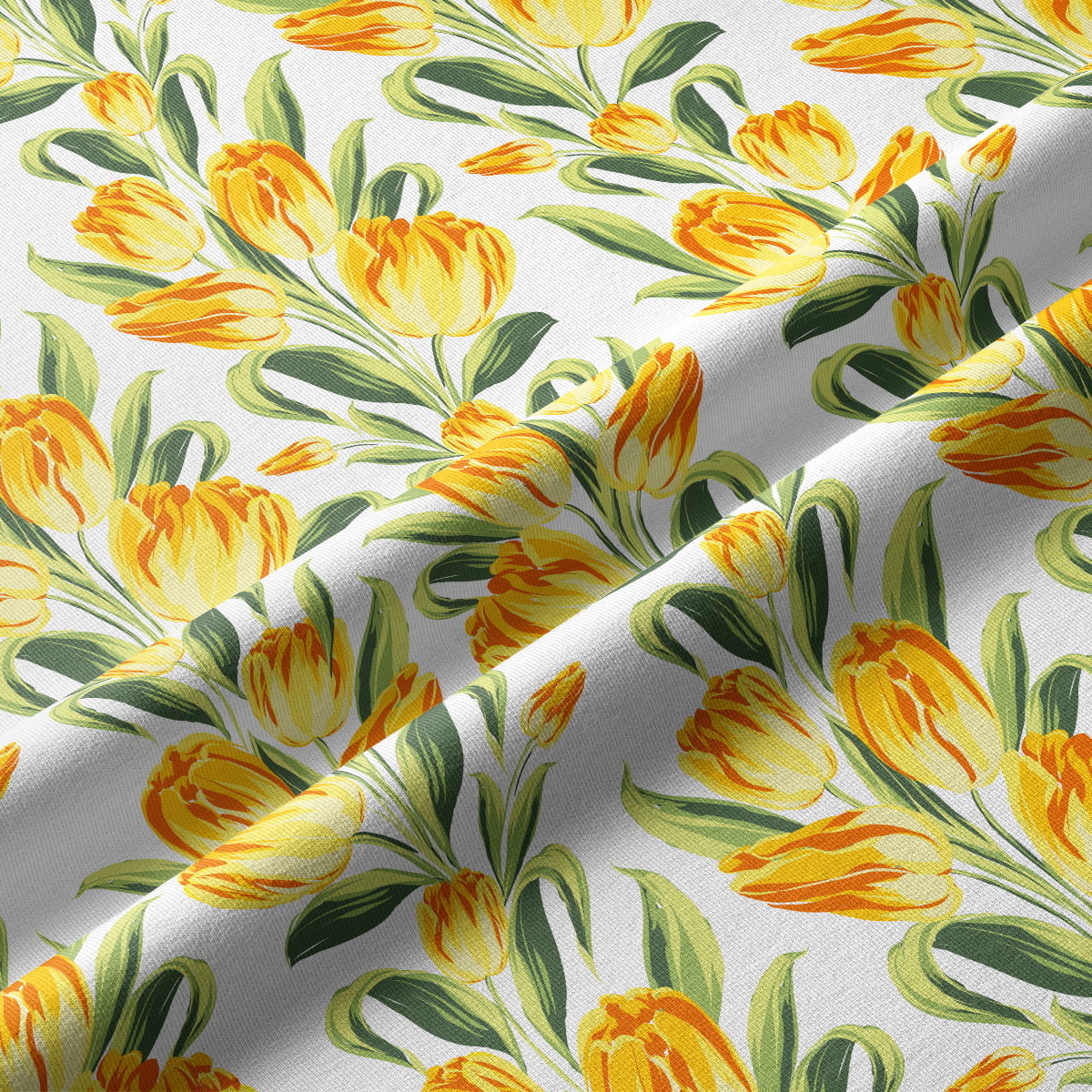 Zbliżenie na wzór żółtych tulipanów i delikatną fakturę tkaniny