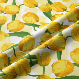 Zbliżenie na wzór żółtych tulipanów i subtelną fakturę materiału