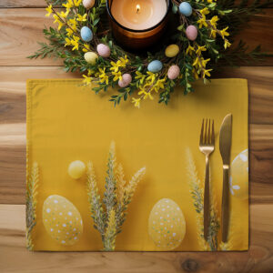 Aranżacja stołu z podkładką, wieńcem i świecami w wiosennym wystroju