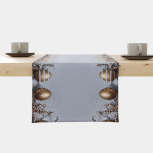 Bieżnik ułożony na stole z szarym tłem i złotymi pisankami przy krawędziach, widok główny