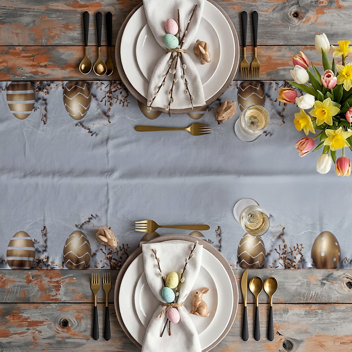 Aranżacja stołu z talerzami, sztućcami i bieżnikiem z motywem złotych pisanek