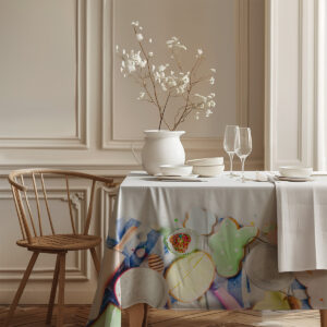 Detal rogu obrusu z motywami foremek, mąki i przyborów do pieczenia nadający domowy, świąteczny charakter