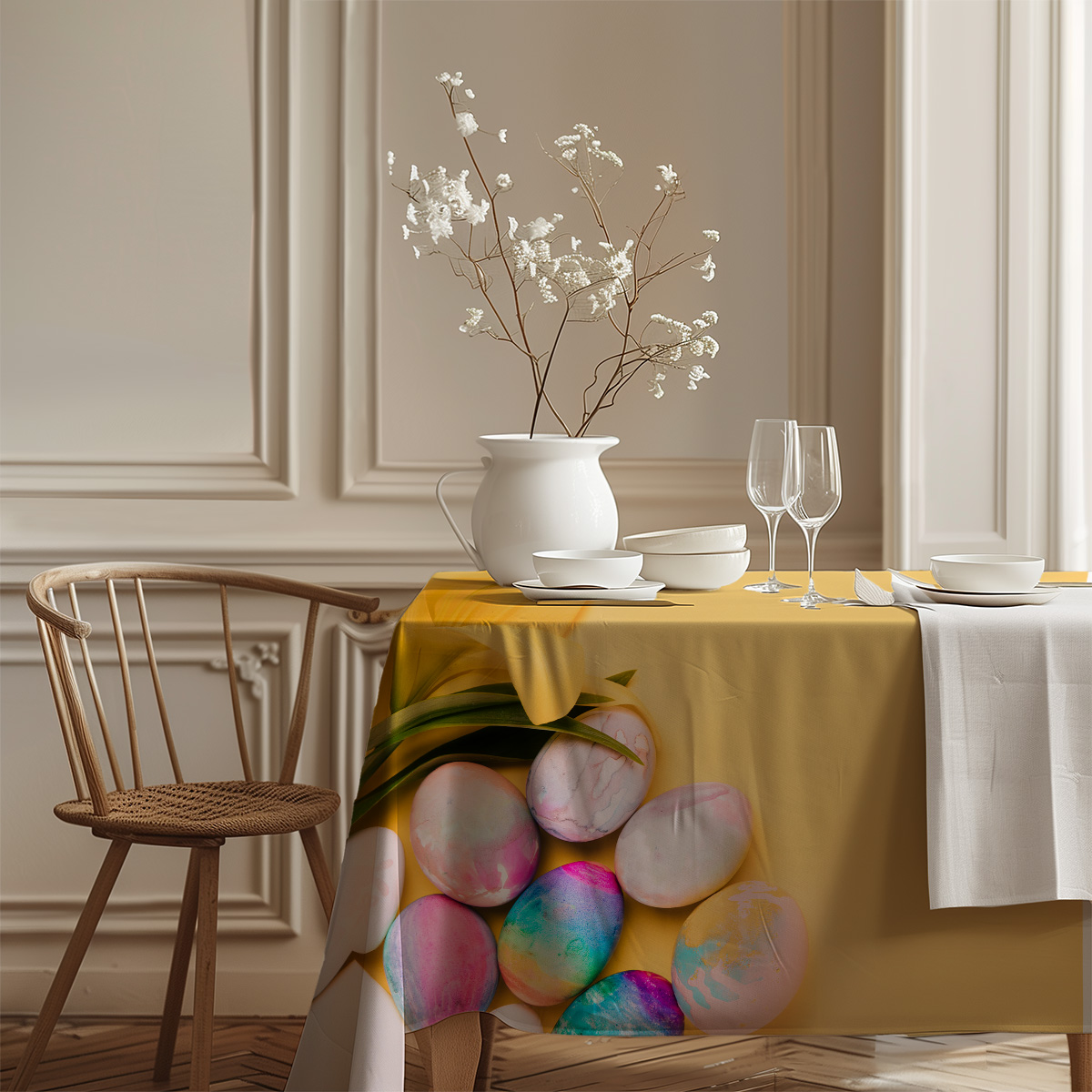 Aranżacja stołu z białą porcelaną i wazonem na obrusie ozdobionym pastelowymi pisankami