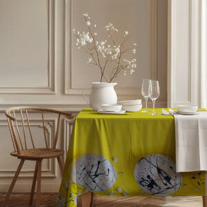 detal wzoru przy krawędzi stołu pokazujący przekrojowo malowane pisanki i drobne białe kwiatki