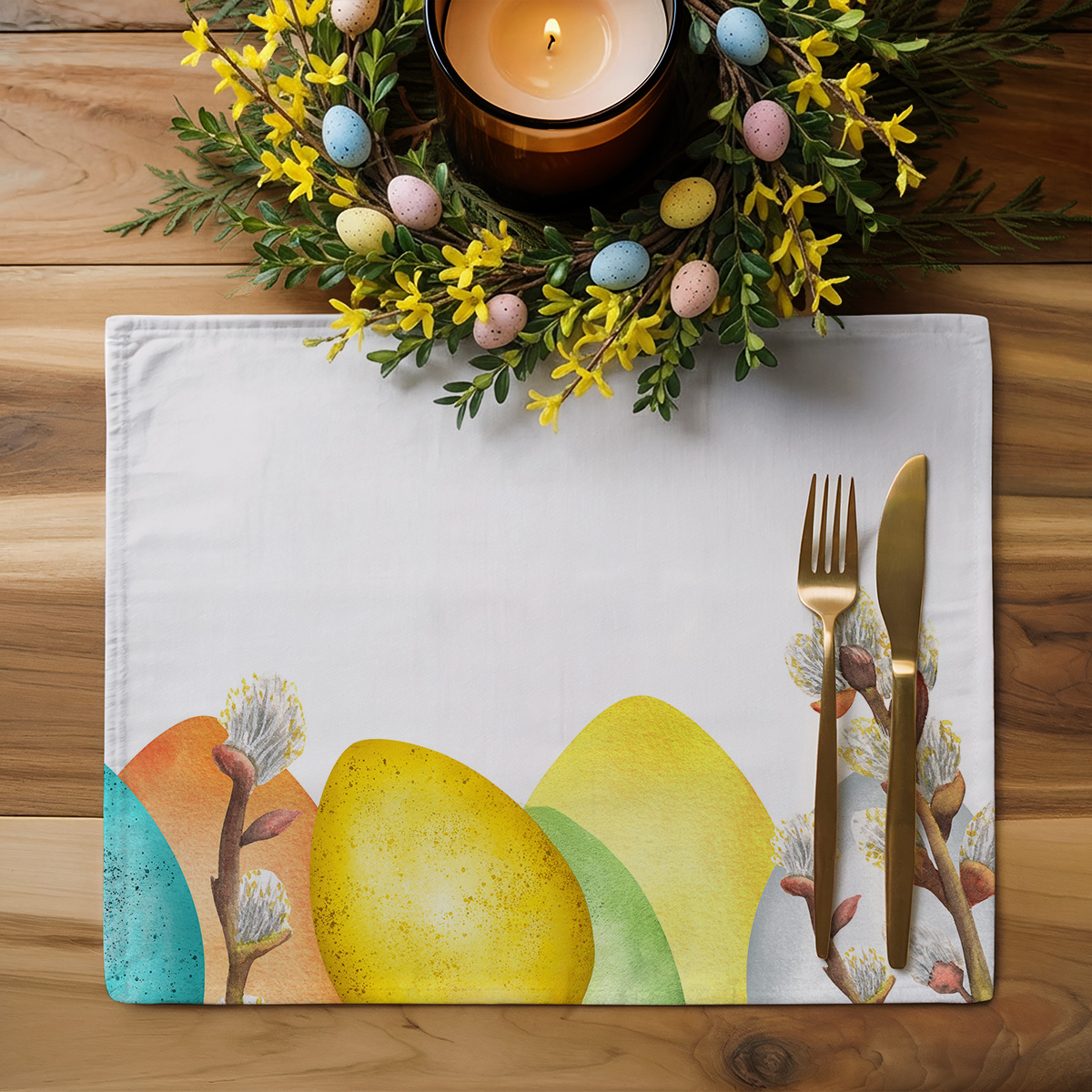 aranżacja stołu z podkładką, wieńcem z mini pisanek i zapaloną świecą