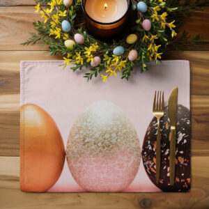 Aranżacja stołu ze stroikiem i pojedynczą podkładką oraz małymi dekoracyjnymi pisankami