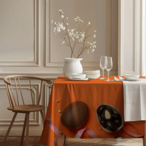widok rogu stołu z pomarańczowym obrusem, dużym czekoladowym jajkiem i subtelnymi pastelowymi drażetkami