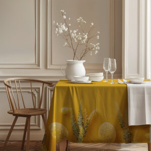 róg obrusu z widocznym wzorem kłosów i pisanek na intensywnym żółtym tle