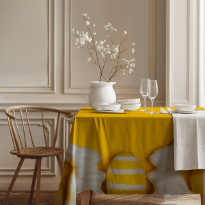 Elegancka stylizacja jadalni z wazonem, zastawą i żółtym obrusem ozdobionym zajączkami i pisankami