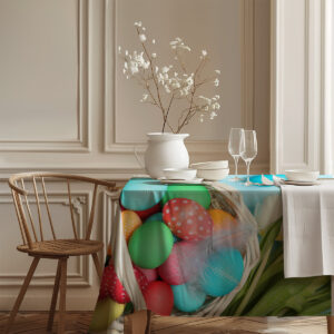 Aranżacja stołu z obrusem, białą zastawą i wazonem z suszonymi gałązkami