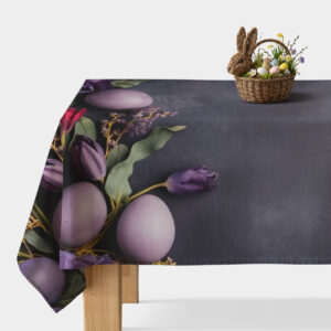 Obrus z motywem fioletowych pisanek i tulipanów na grafitowym tle