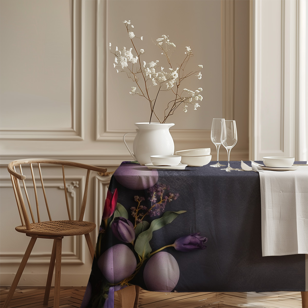 Nakryty stół z wazonem i zastawą, obrus z fioletowymi pisankami w eleganckiej aranżacji